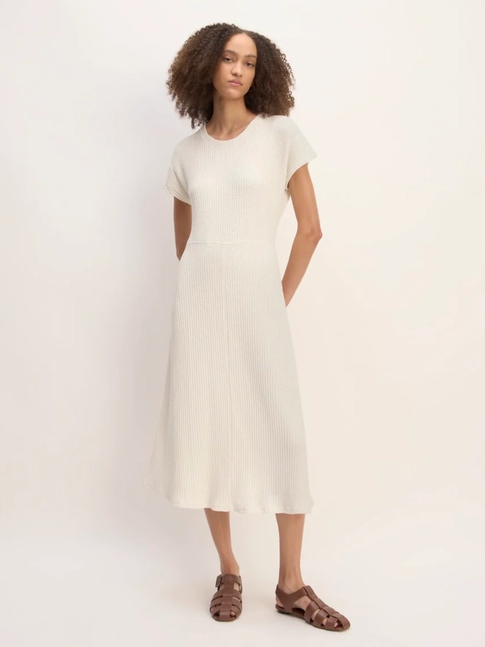 EVERLANE Ribbed Knit Midi Dress XXL Cream Cotton A-Line Relaxed Minimalist Fall
